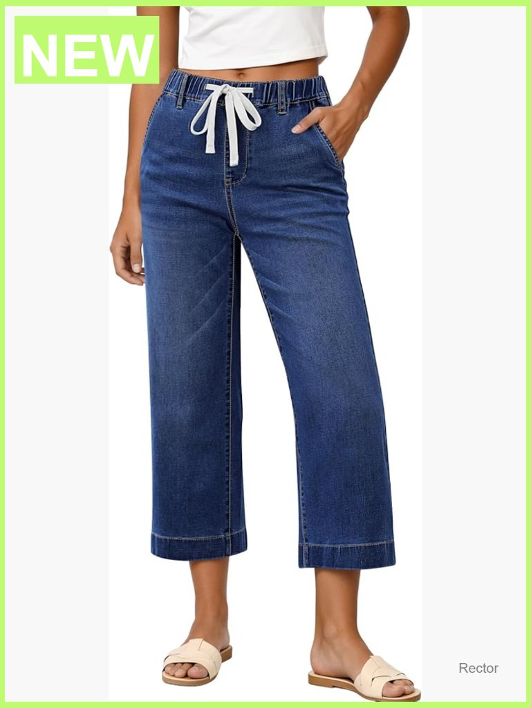 High Waisted Wide Leg Capri Jeans Pull On Elastic Waist Stretch
